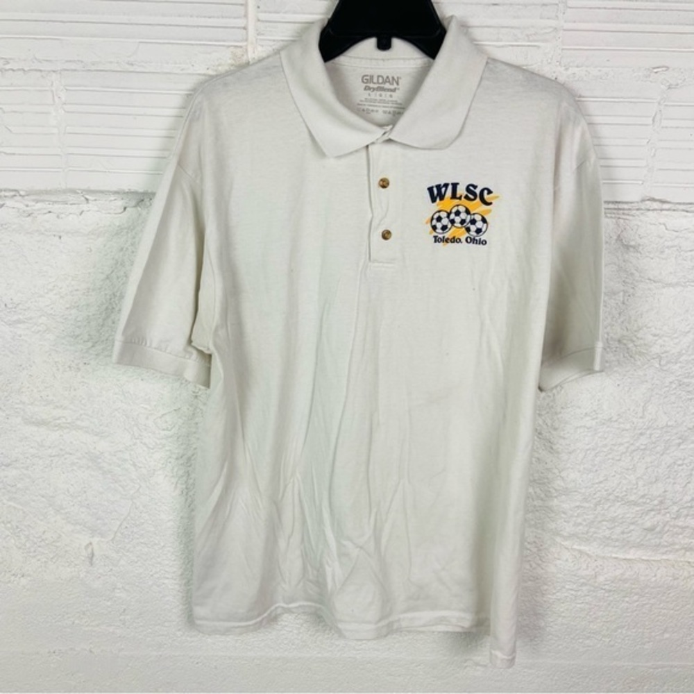 Gildan dryblend White Polo Shirt with WLSC Toledo Ohio soccer ball Logo SZ large